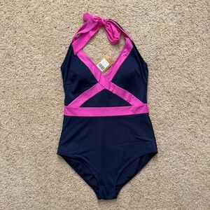 NWT Boden Kefalonia Halter Swimsuit Navy and Pink Colorblock 12 Long Torso 12L
